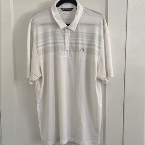 Travis Mathew Polo in White with Subtle Gray and Aqua Stripes